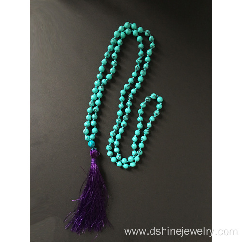 Turquoise Necklace Hand Knotted Skull Long Tassel Necklace